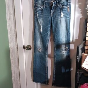 Womens Silver Y2K Jeans Blue Flare & Wide Leg Denim Distressed